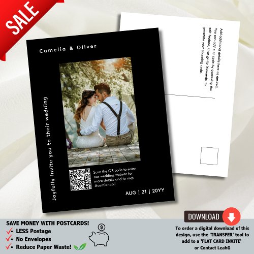  MINIMAL Photo Save the Date QR CODE Budget Black Postcard