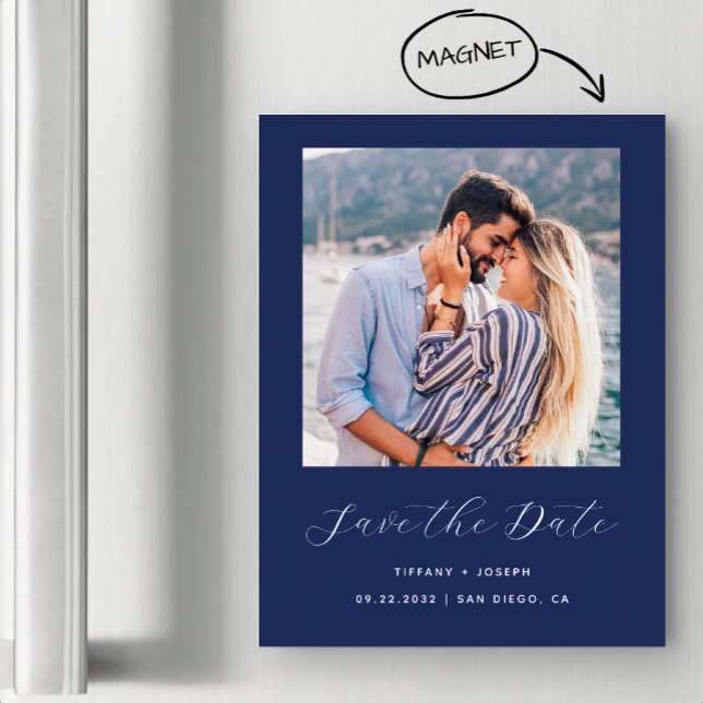 Minimal Photo Script Navy Blue Magnetic Invitation (Creator Uploaded)