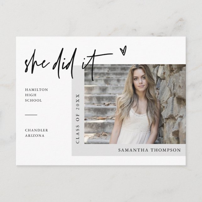 Minimal Photo She Did It Graduation Announcement Postcard (Front)