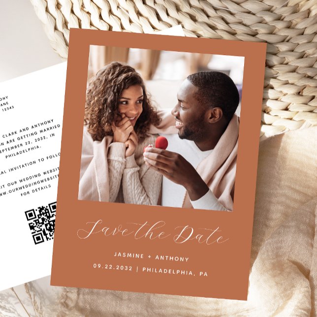 Minimal Photo Terracotta QR Code Save the Date Announcement Postcard (Creator Uploaded)
