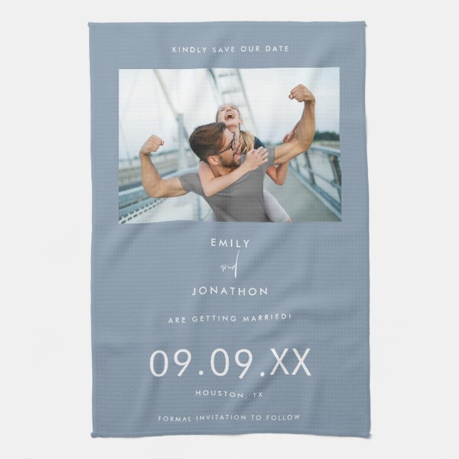Minimal Photo Text Dusty Blue Save The Date Kitchen Towel (Vertical)