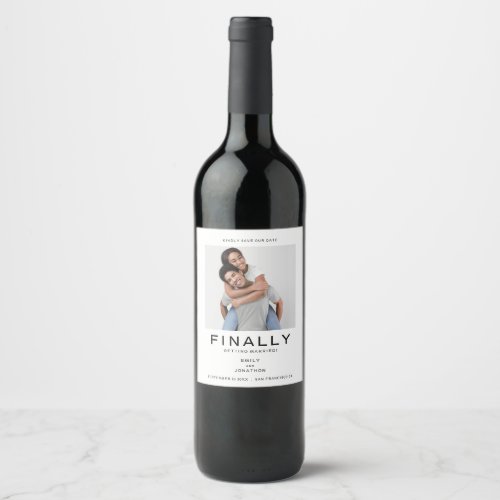 Minimal Photo Typography Black White Save The Date Wine Label
