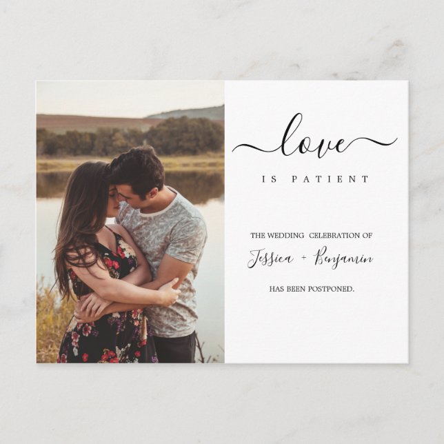 Minimal Photo Wedding Postponement Love is Patient Postcard (Front)