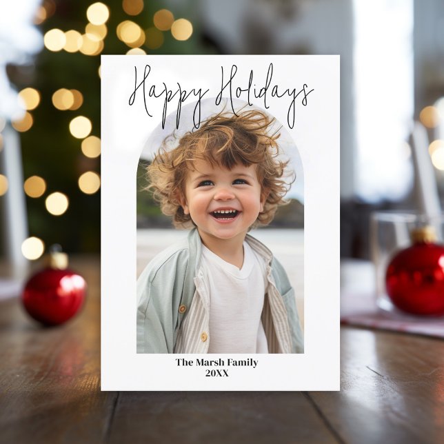 Minimal Photo with modern arch - black and white Holiday Card (Modern, minimal Christmas Greeting card with arch photo, white border and script text.)
