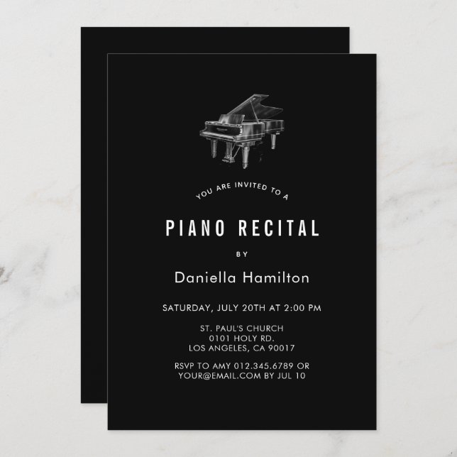 Minimal Piano Black Recital Invitation (Front/Back)