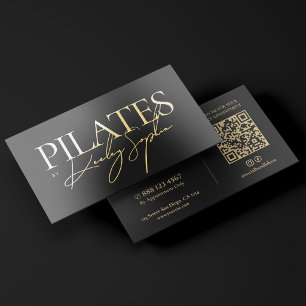 Minimal Pilates Coach Instructor Black Gold Foil Business Cards