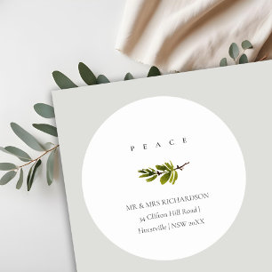 Minimal Pine Branch Christmas Address Peace Classic Round Sticker