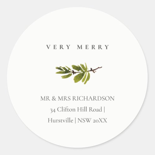Minimal Pine Branch Christmas Address Very Merry Classic Round Sticker