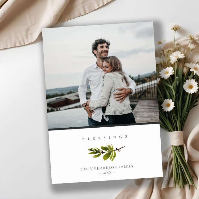 Minimal Pine Branch Christmas Blessings Photo Holiday Card (Creator Uploaded)