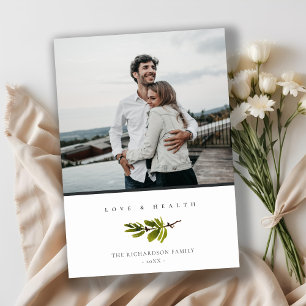 Minimal Pine Branch Christmas Love & Health Photo Holiday Card