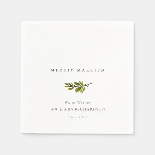 Minimal Pine Branch Christmas Merrily Married Napkins