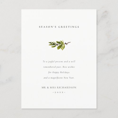 Minimal Pine Branch Christmas Seasons Greetings Holiday Postcard