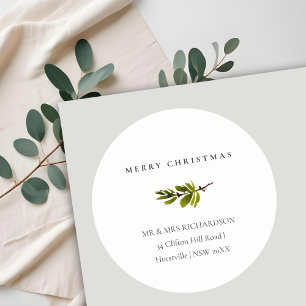 Minimal Pine Branch Merry Christmas Address Classic Round Sticker