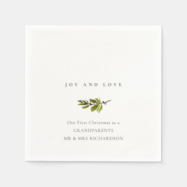 Minimal Pine Branch Our First Christmas Joy & Love Napkins (Front)