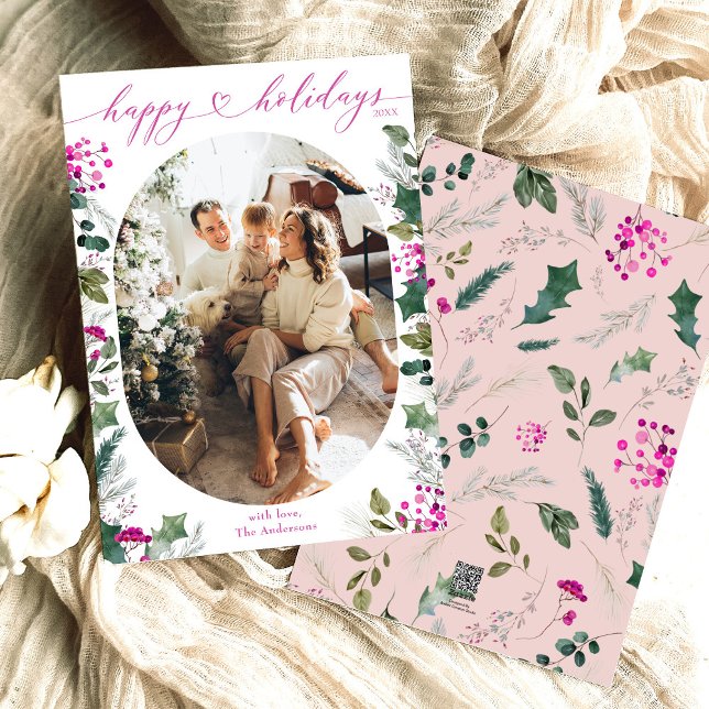 Minimal & Pink 1 Family Photo Happy Holidays Card  (Creator Uploaded)