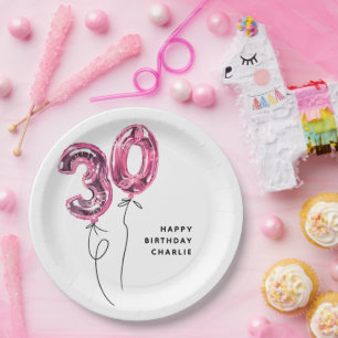 Minimal Pink 30 Balloon 30th Birthday Party Paper Plates