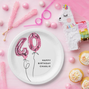 Minimal Pink 40 Balloon 40th Birthday Party Paper Plates