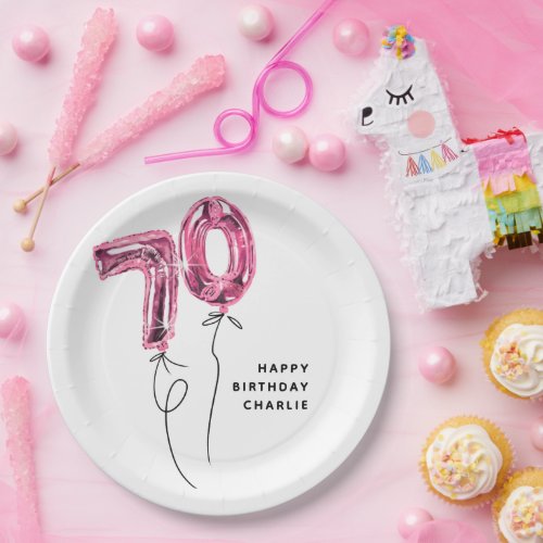 Minimal Pink 70 Balloon 70th Birthday Party Paper Plates