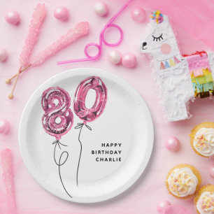 Minimal Pink 80 Balloon 80th Birthday Party Paper Plates