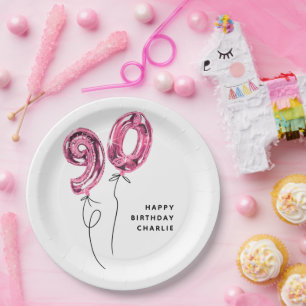 Minimal Pink 90 Balloon 90th Birthday Party Paper Plates