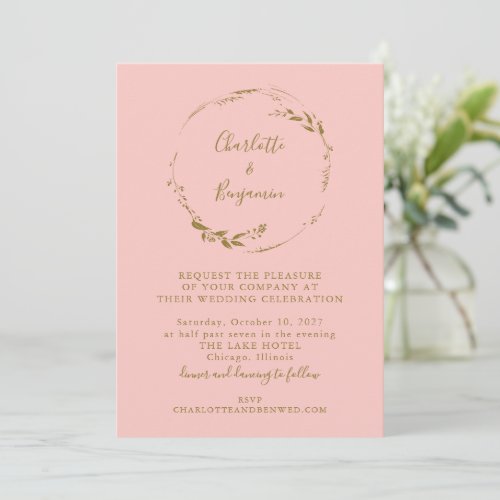 Minimal Pink and Gold Floral Wreath Script Wedding Invitation