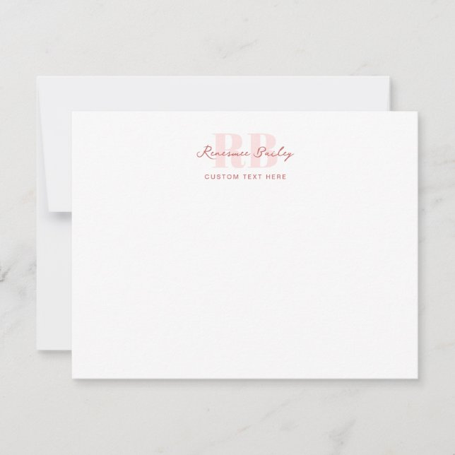 Minimal Pink and White Monogram  Note Card (Front)