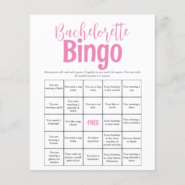 Minimal Pink  Bachelorette Bingo Game (Front)