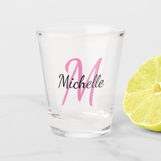 Minimal Pink & Black Monogrammed Shot Glass (Front)