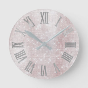 Minimal Pink Blush Silver Gray Spark Roman Numbers Round Clock