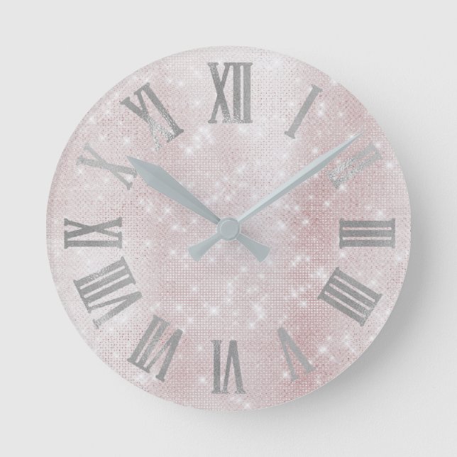 Minimal Pink Blush Silver Gray Spark Roman Numbers Round Clock (Front)