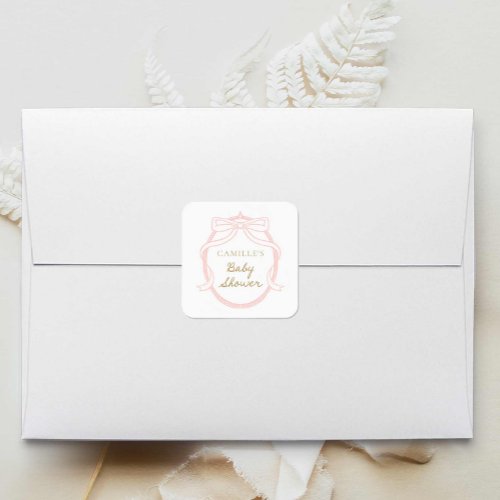 Minimal Pink Bow Girl Baby Shower Square Sticker