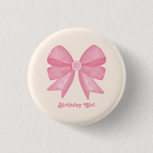 Minimal Pink Bow Sweet Birthday Girl  Button (Front)