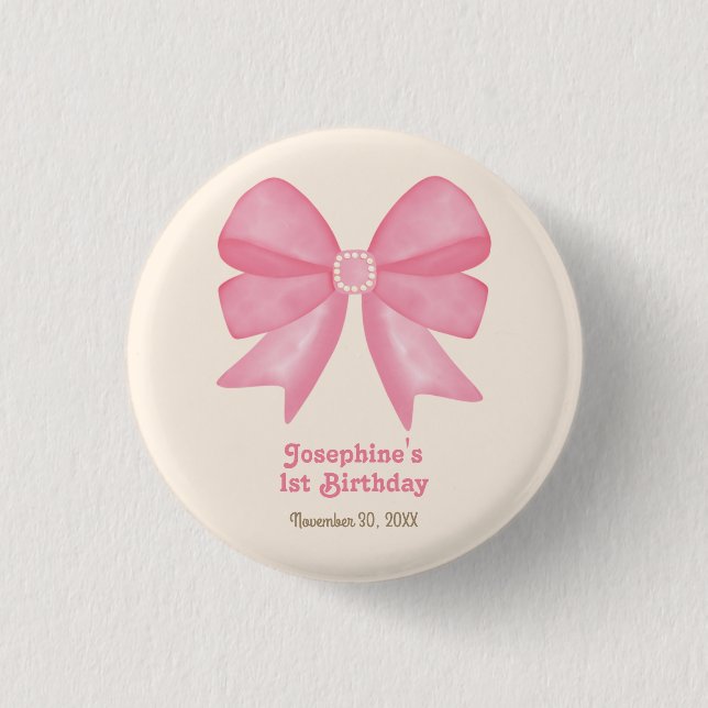 Minimal Pink Bow Sweet Girl Birthday Button (Front)