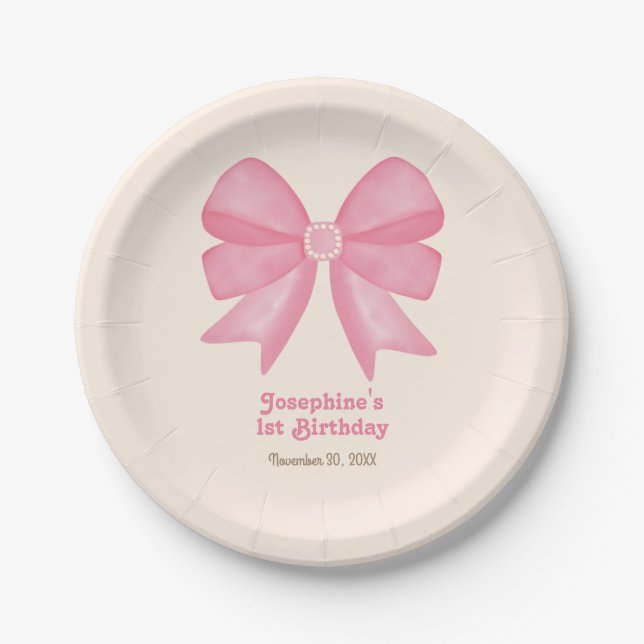 Minimal Pink Bow Sweet Girl Birthday Paper Plates (Front)