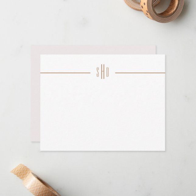 Minimal Pink + Camel Monogram Note Card Stationery (Front/Back In Situ)