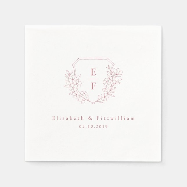 Minimal Pink Cherry Blossom Monogram Crest Wedding Napkins (Front)