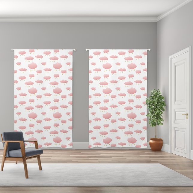 Minimal Pink Clouds Golden Stars Girl's Nursery Blackout Curtains (Wide)