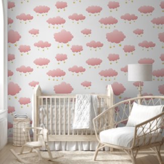 Minimal Pink Clouds Golden Stars Girl's Nursery