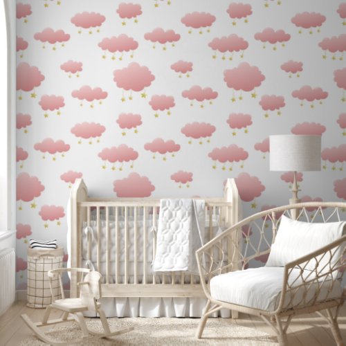 Minimal Pink Clouds Golden Stars Girls Nursery Wallpaper