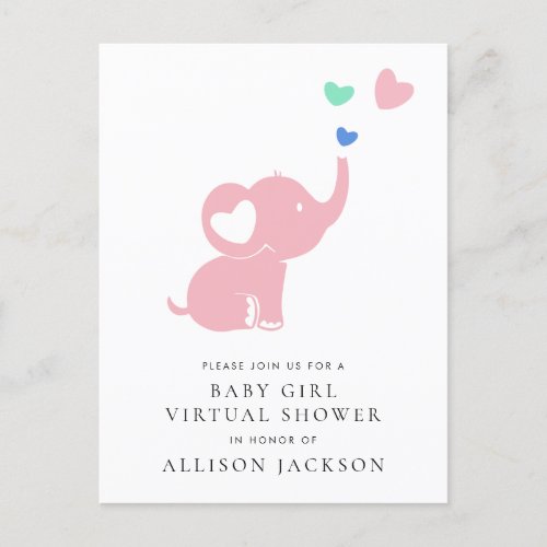 Minimal Pink Elephant Baby Girl Virtual Shower Invitation Postcard