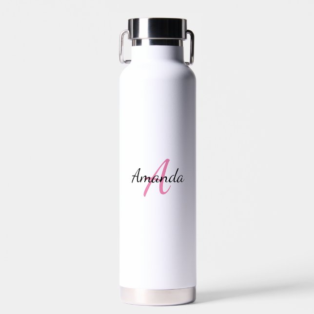 Minimal Pink First Name & Initial Monogram Water Bottle (Front)