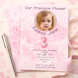 Minimal Pink Floral Photo Girl's 3rd Birthday Invitation