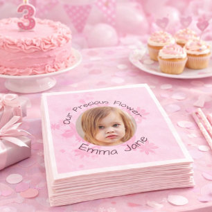 Minimal Pink Floral Photo Girl's 3rd Birthday  Napkins
