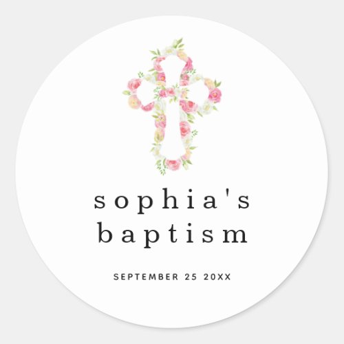 Minimal Pink Florals Cross Name Date Girl Baptism Classic Round Sticker