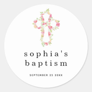 Minimal Pink Florals Cross Name Date Girl Baptism Classic Round Sticker