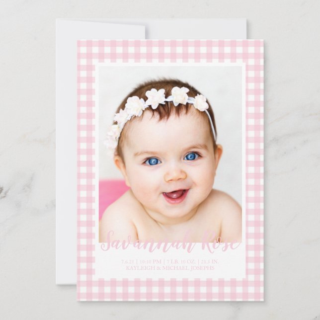 Minimal Pink Gingham Check Pattern Photo Announcement (Front)