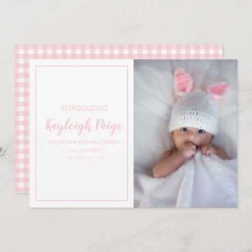 Minimal Pink Gingham Check Pattern Photo Birth Announcement