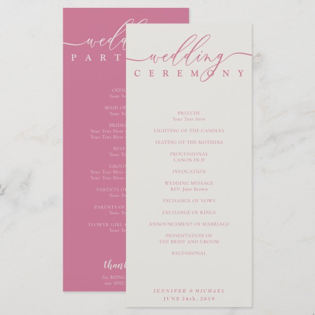 Minimal pink ivory Script Wedding Ceremony Program