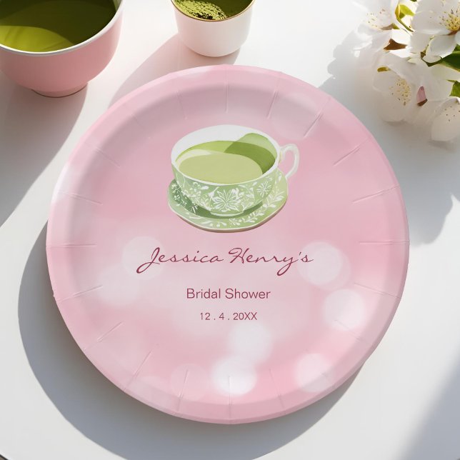 Minimal Pink Matcha Bridal Shower  Paper Plates (Creator Uploaded)