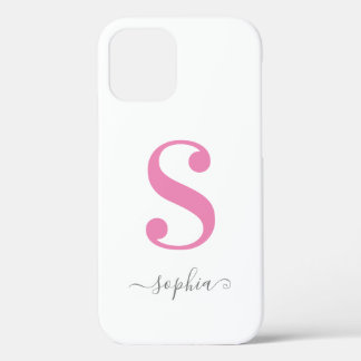 Minimal Pink Monogram with Grey Script Name White iPhone 12 Case